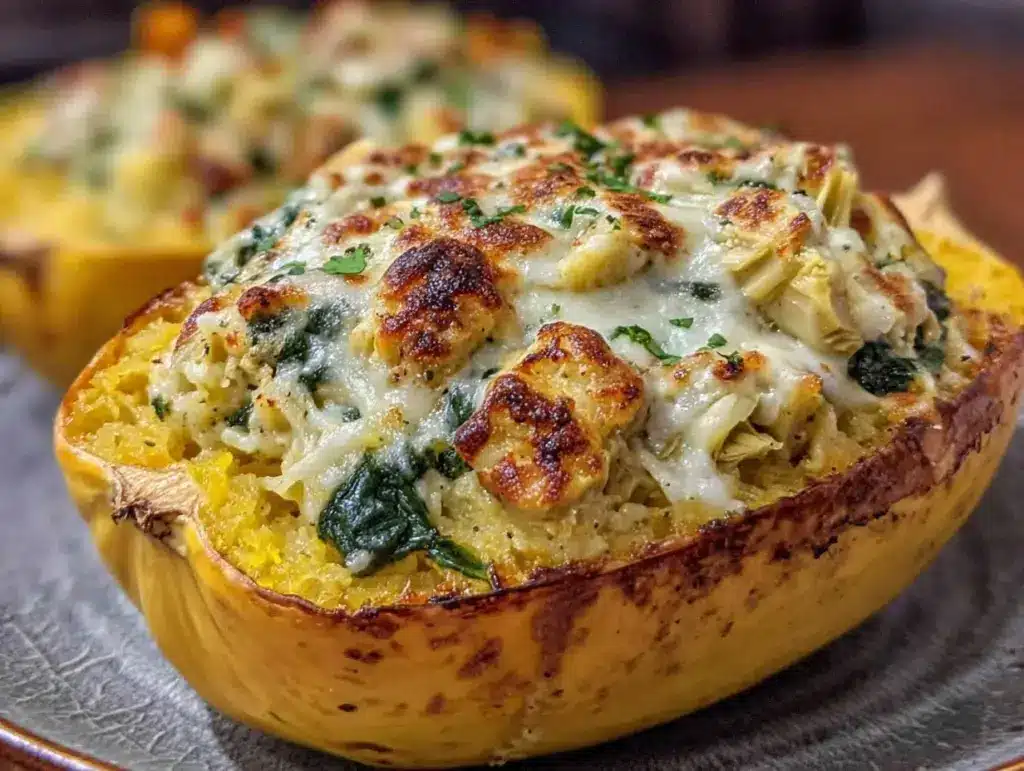 spinach artichoke stuffed spaghetti squash - featured image