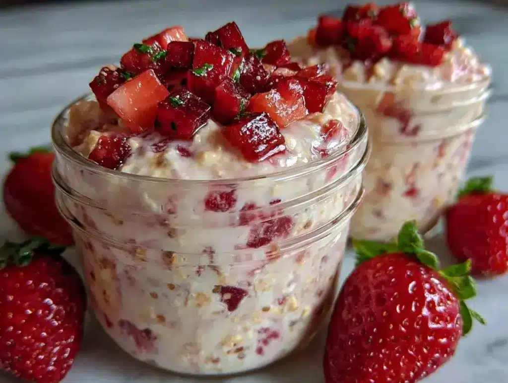 strawberries and cream overnight oats - featured image