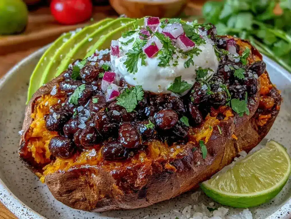 baked sweet potato with black beans and avocado - featured image