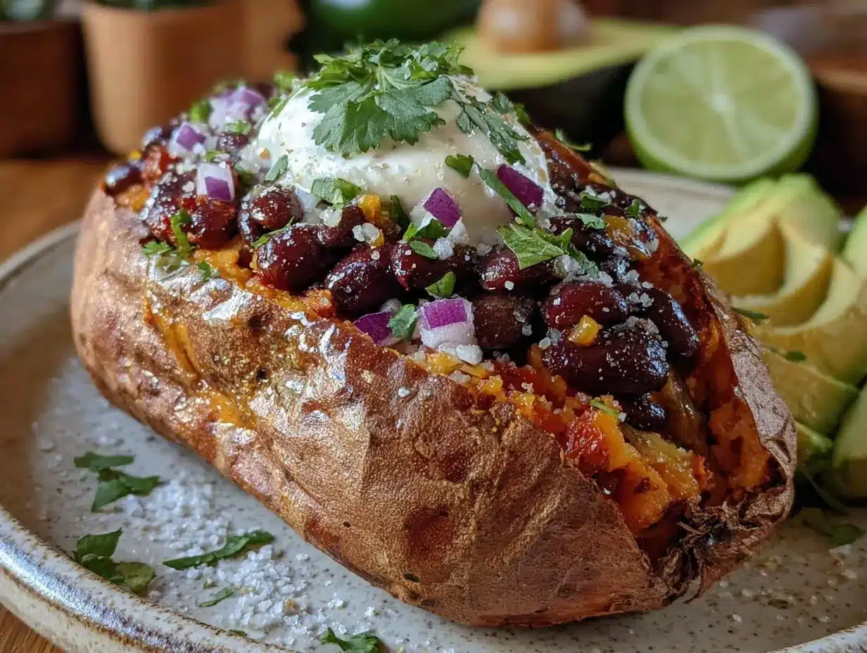 baked sweet potato with black beans and avocado preparation steps