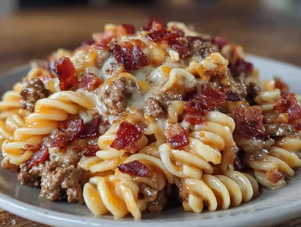 creamy bacon cheeseburger pasta bake - featured image