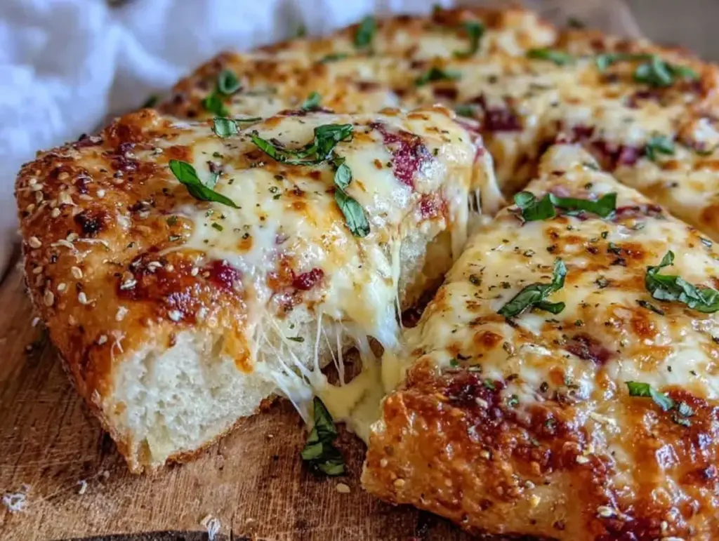 creamy cheese pull pizza - featured image