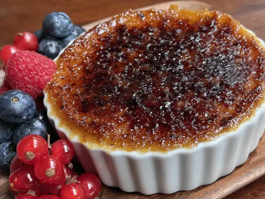 creamy French crème brûlée with berries - featured image
