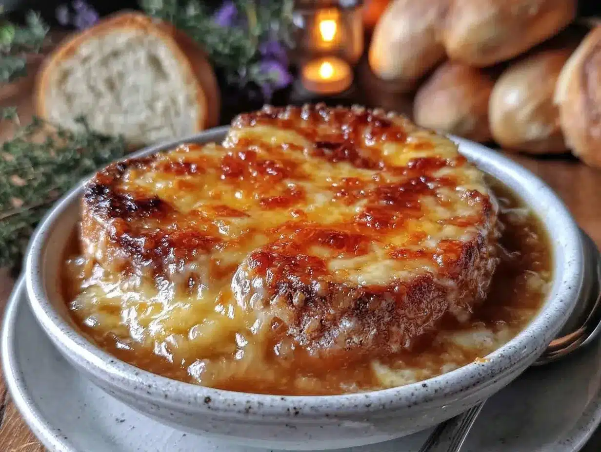 creamy French onion soup with Gruyere preparation steps