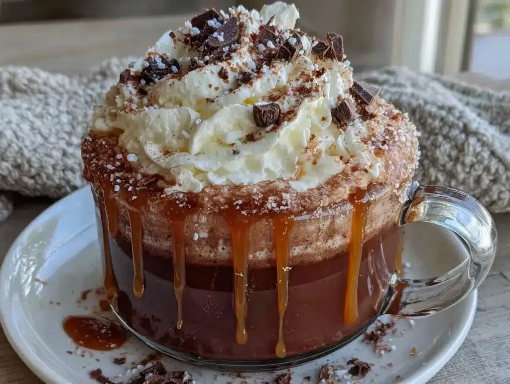 creamy salted caramel hot chocolate - featured image