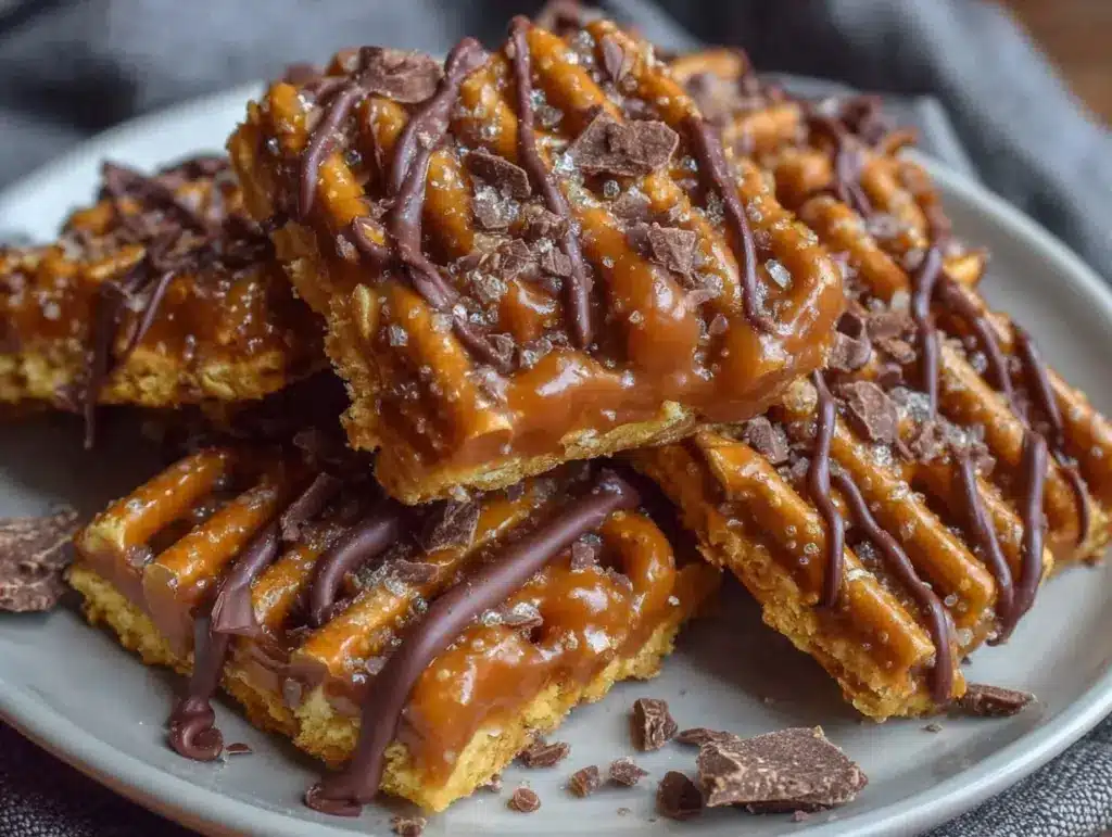 crunchy salted caramel pretzel bark - featured image