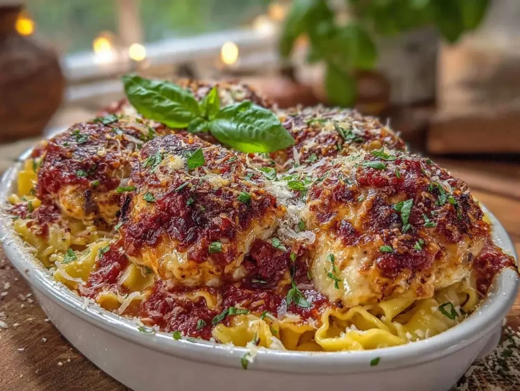 easy cheesy dump-and-bake chicken parmesan pasta - featured image