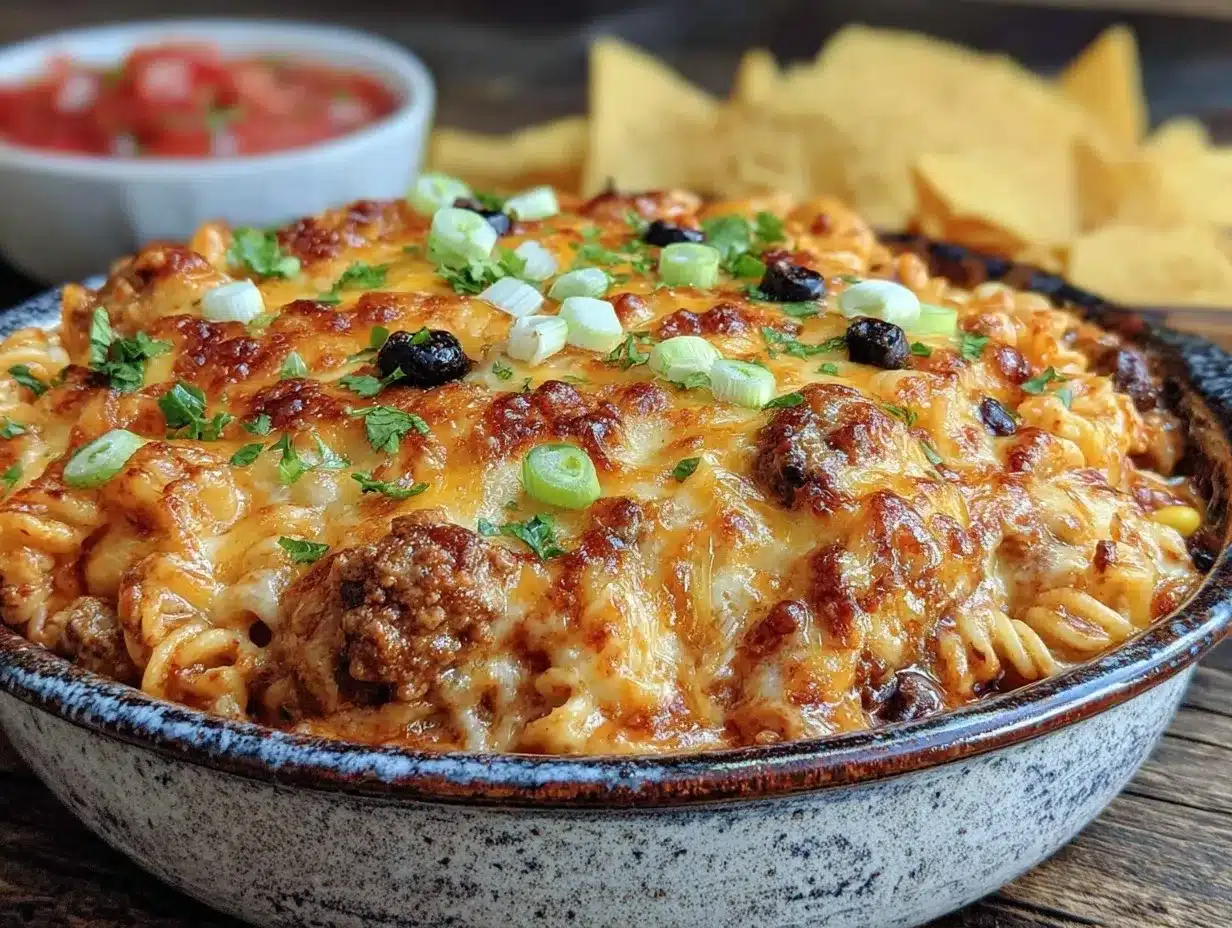 easy cheesy dump-and-bake taco pasta preparation steps