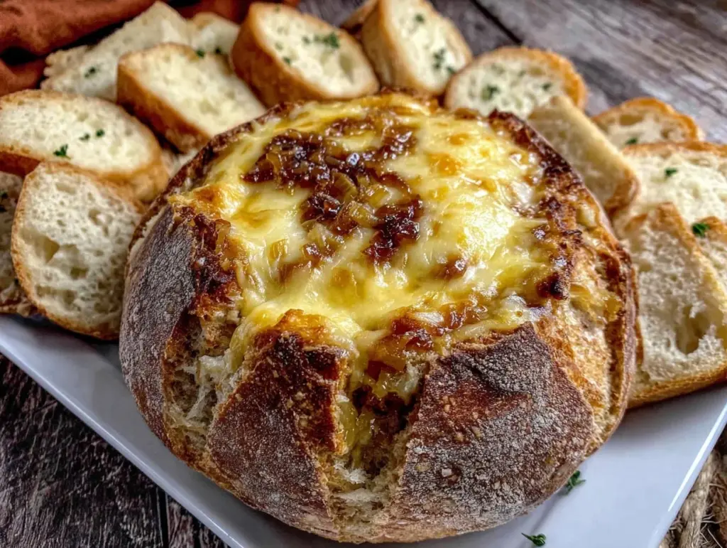 French Onion Soup Dip in Bread Bowl - featured image
