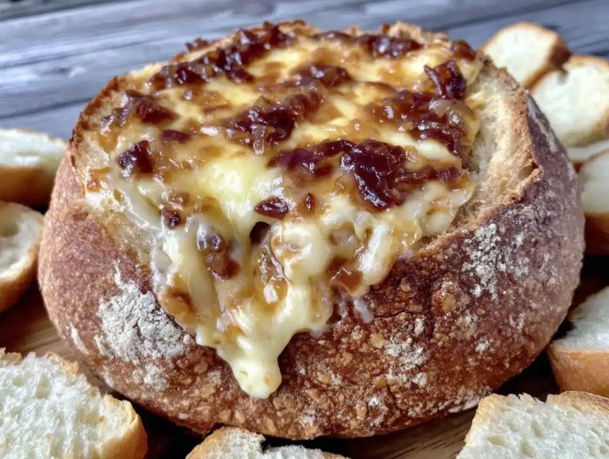 French Onion Soup Dip in Bread Bowl preparation steps