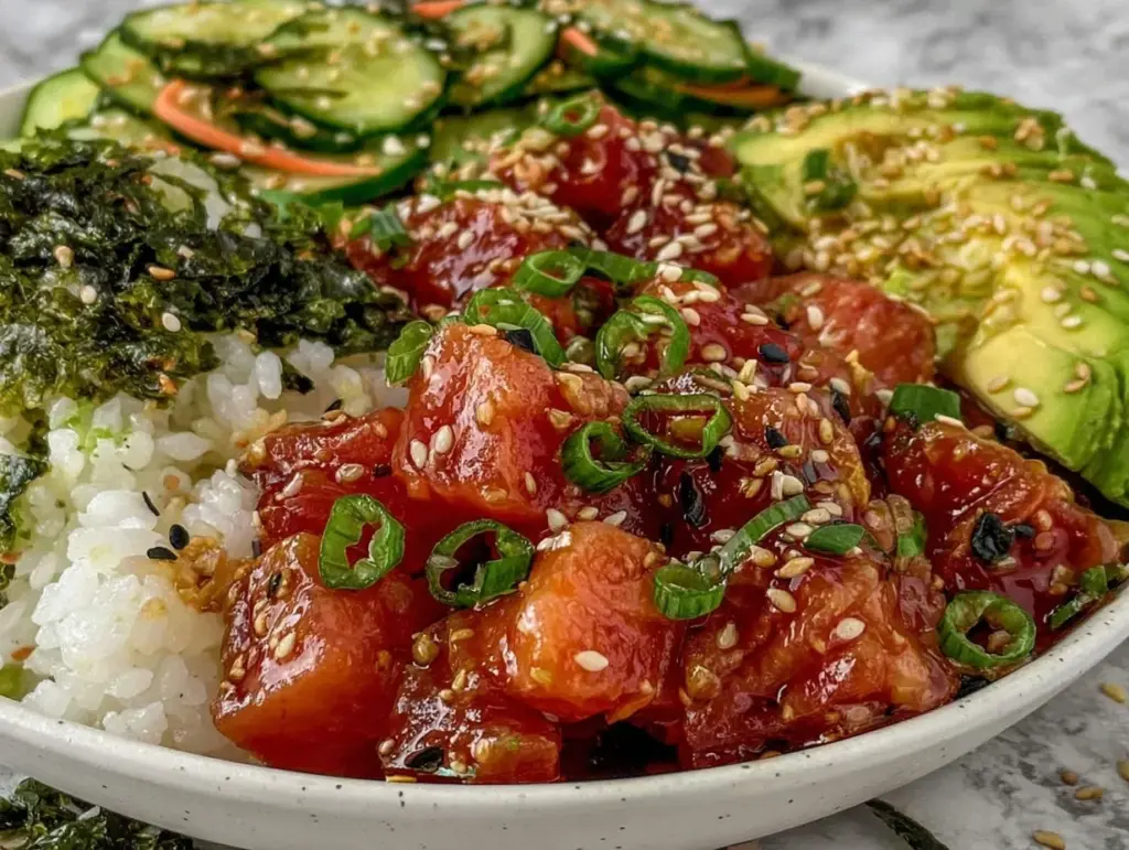 salmon avocado poke bowl - featured image