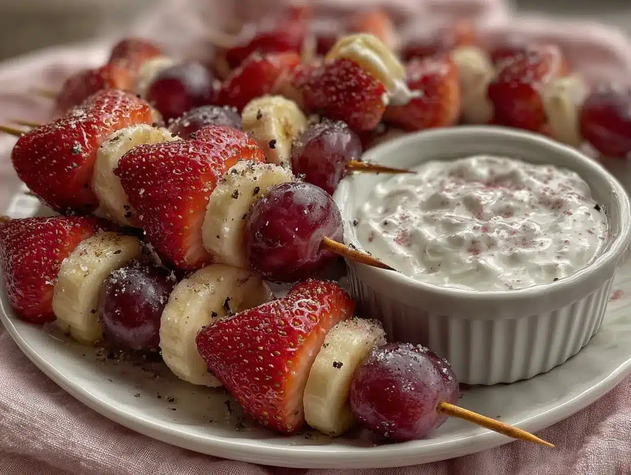Valentines fruit kabobs with yogurt dip preparation steps