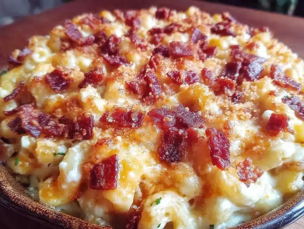 creamy baked mac and cheese with bacon - featured image