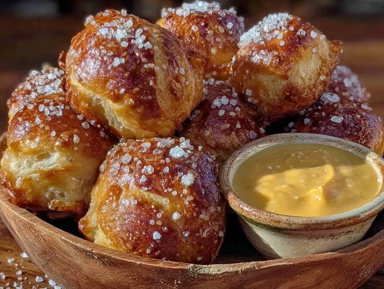 crispy pretzel bites with creamy beer cheese dip preparation steps