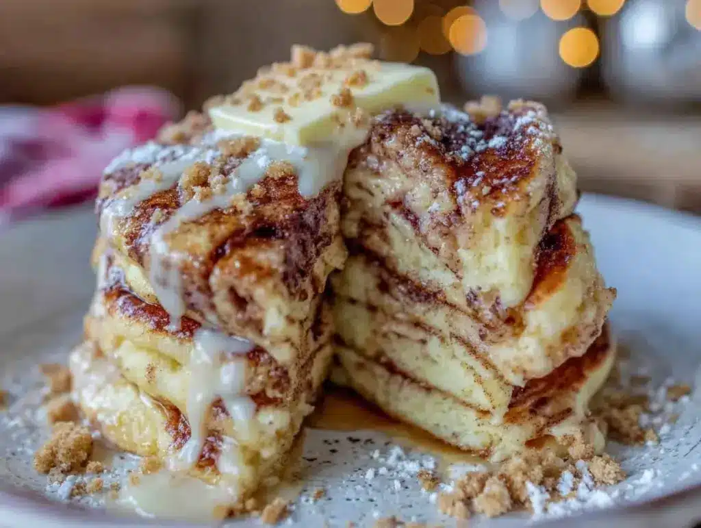 fluffy cinnamon roll pancakes - featured image
