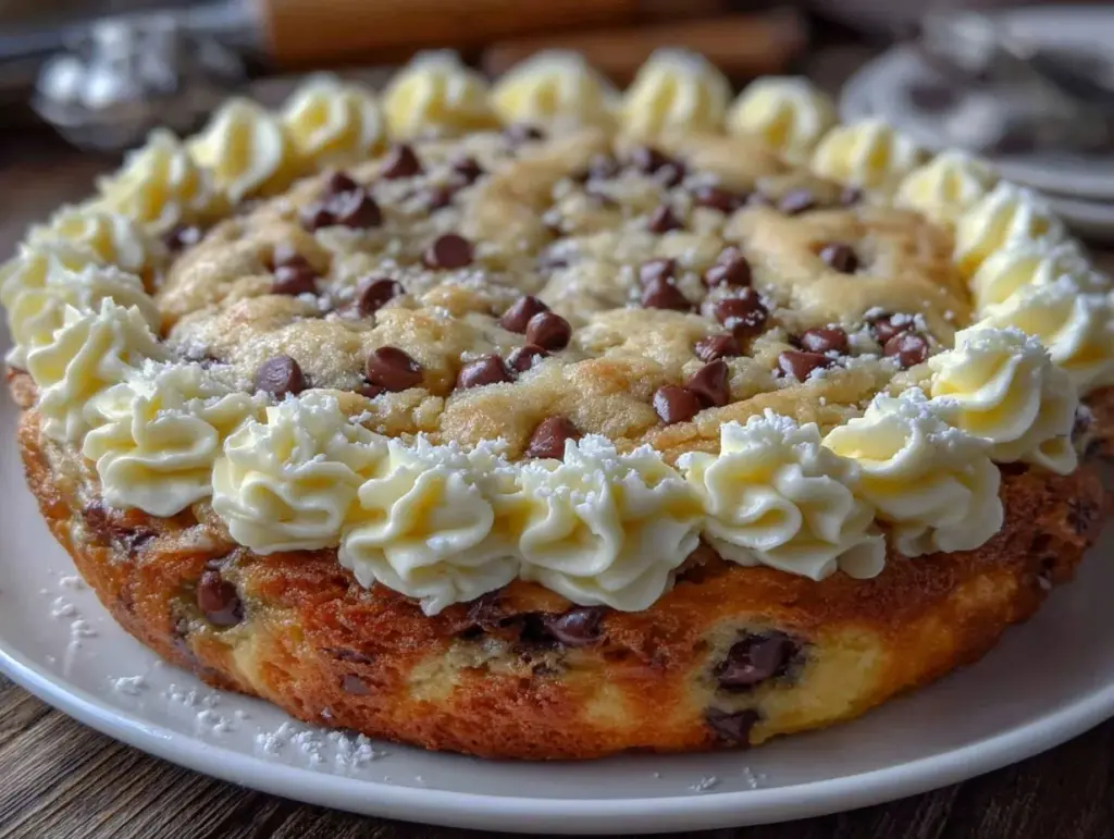 creamy chocolate chip cookie cake - featured image