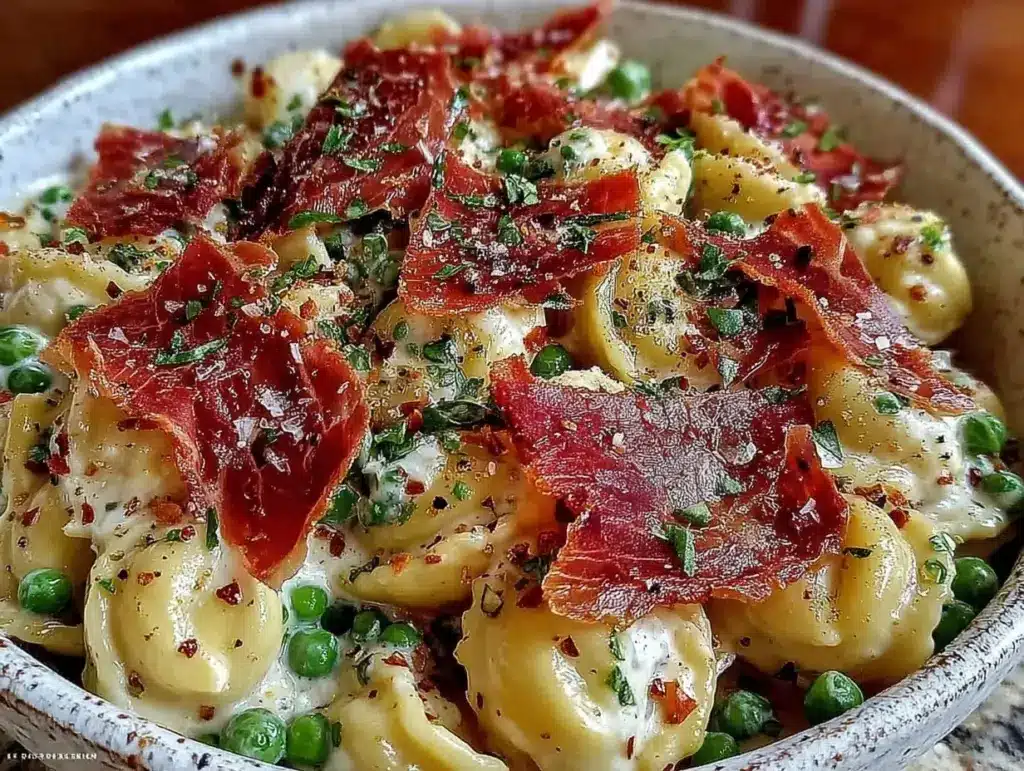 creamy spring pasta with peas and prosciutto - featured image