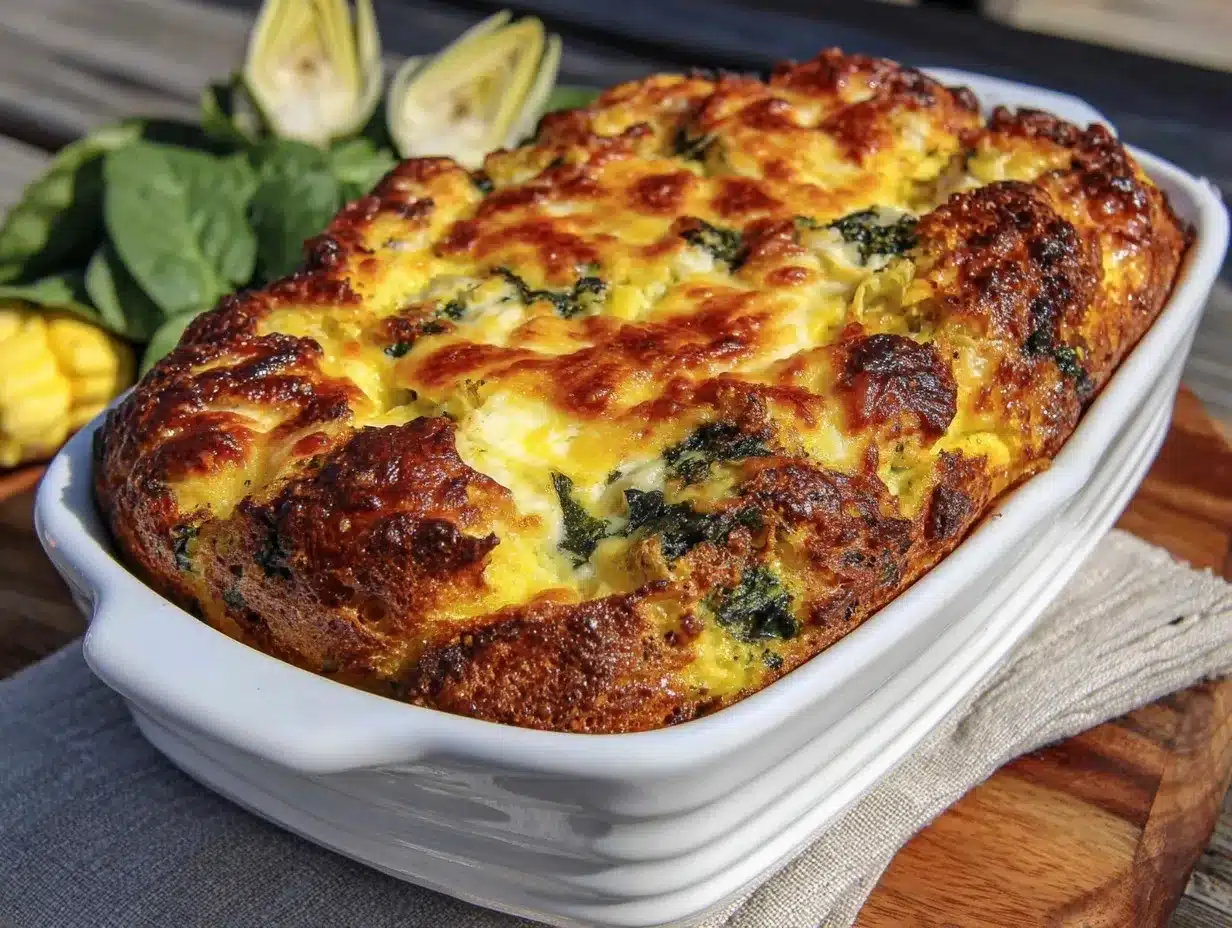 crispy cheesy spinach artichoke breakfast strata preparation steps