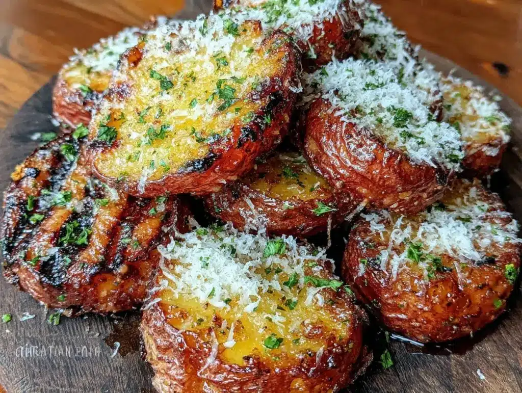 crispy garlic parmesan grilled potatoes - featured image