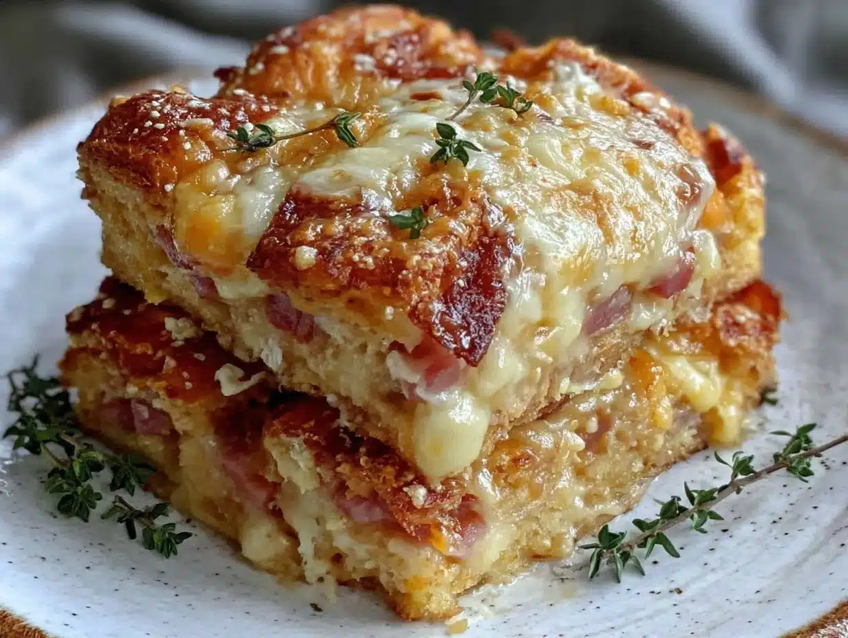 easy cheesy ham and cheese croissant breakfast bake preparation steps