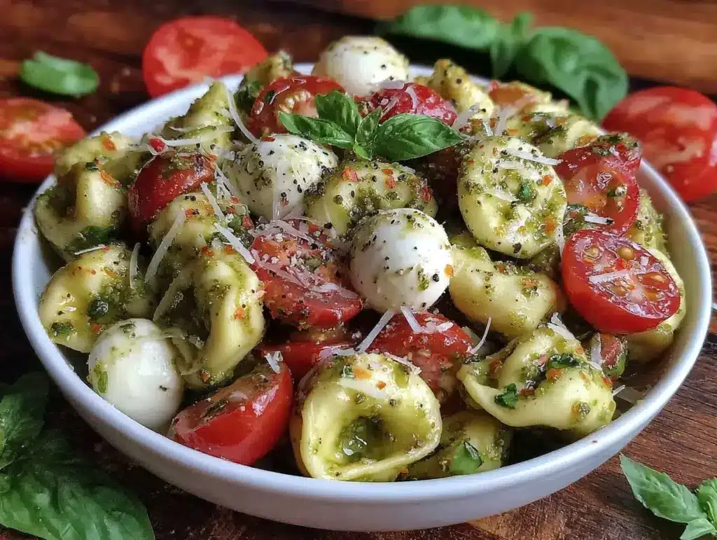 fresh caprese tortellini salad with pesto - featured image
