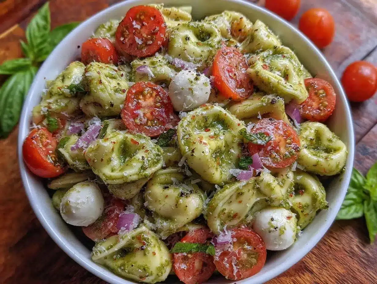 fresh caprese tortellini salad with pesto preparation steps