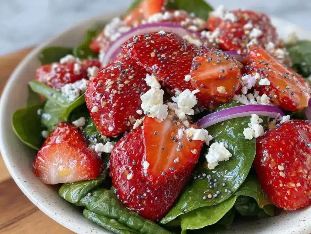 fresh strawberry poppy seed spinach salad - featured image