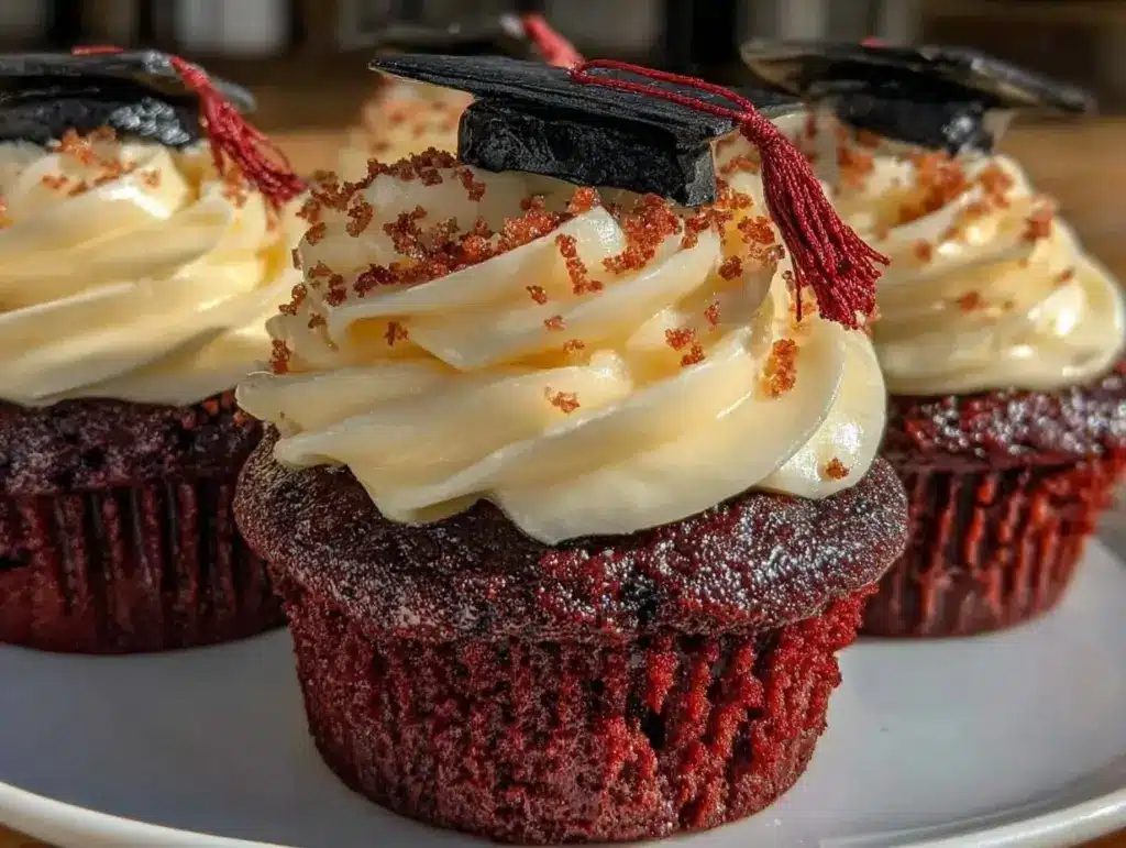 red velvet graduation cap cupcakes - featured image