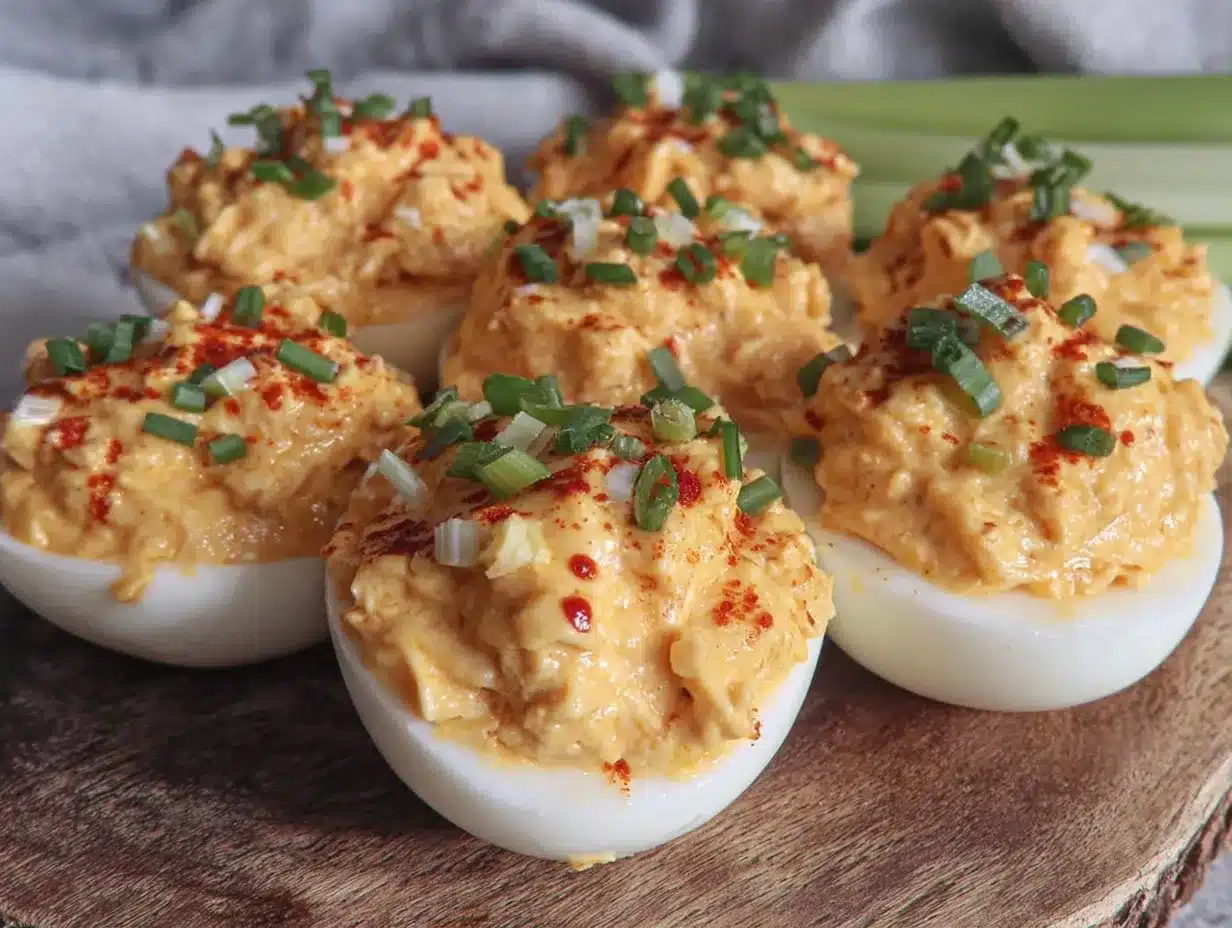 spicy creamy buffalo chicken deviled eggs preparation steps