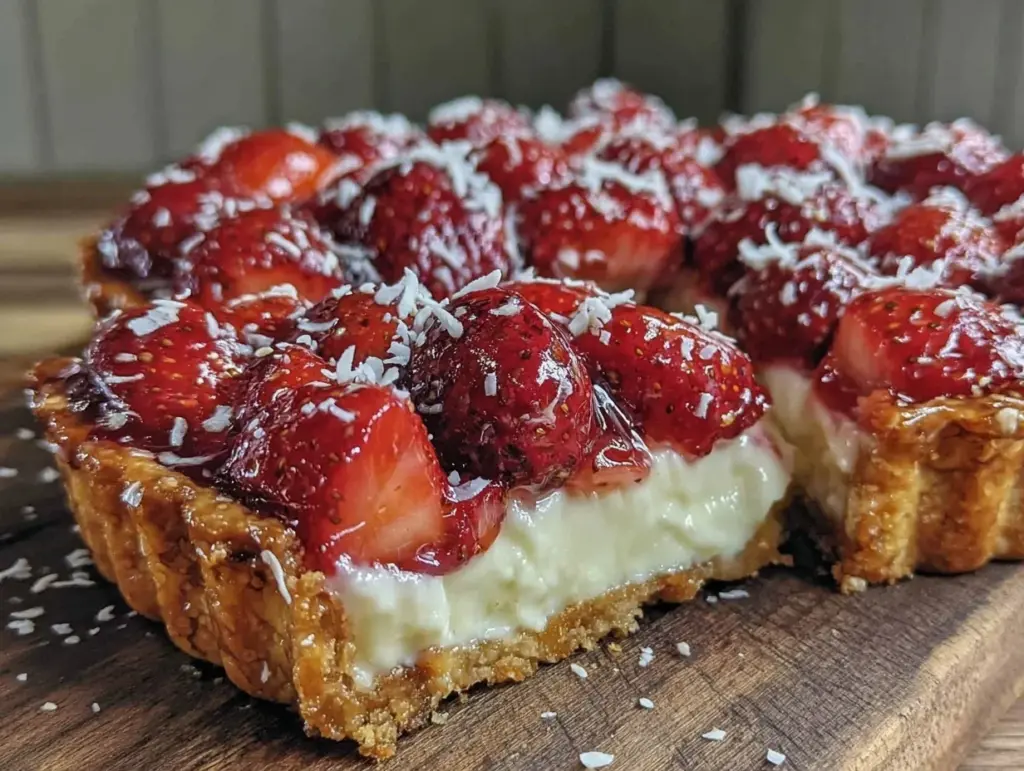 vegan coconut cream strawberry tart - featured image
