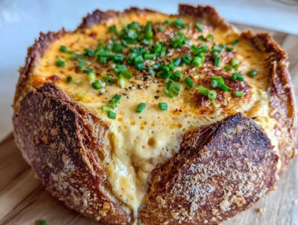 creamy beer cheese soup in bread bowl - featured image