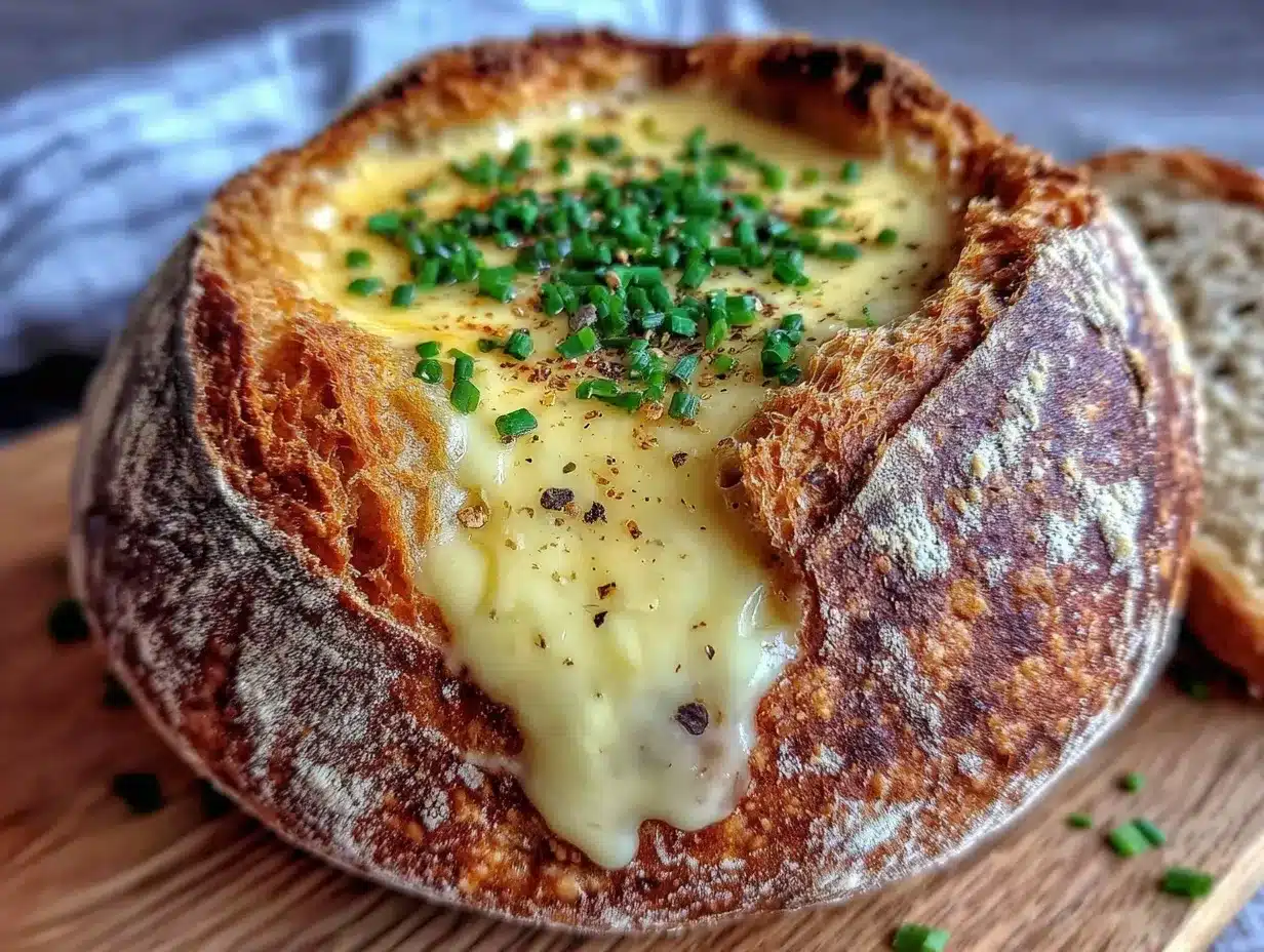 creamy beer cheese soup in bread bowl preparation steps