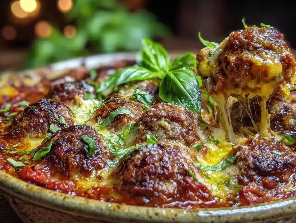 easy cheesy dump and bake meatball casserole - featured image