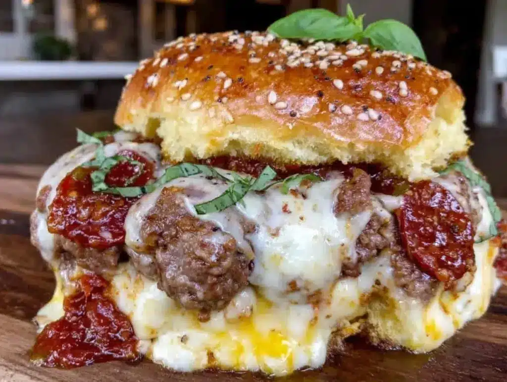 meat lovers pizza stuffed burger - featured image