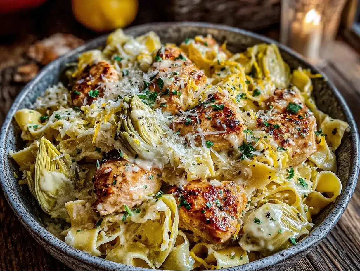 creamy one-pot lemon artichoke chicken pasta preparation steps