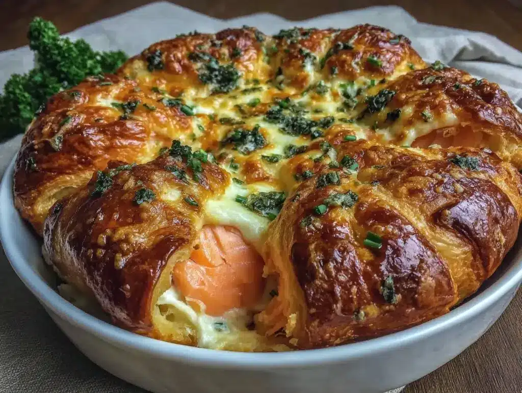 creamy smoked salmon croissant bake - featured image