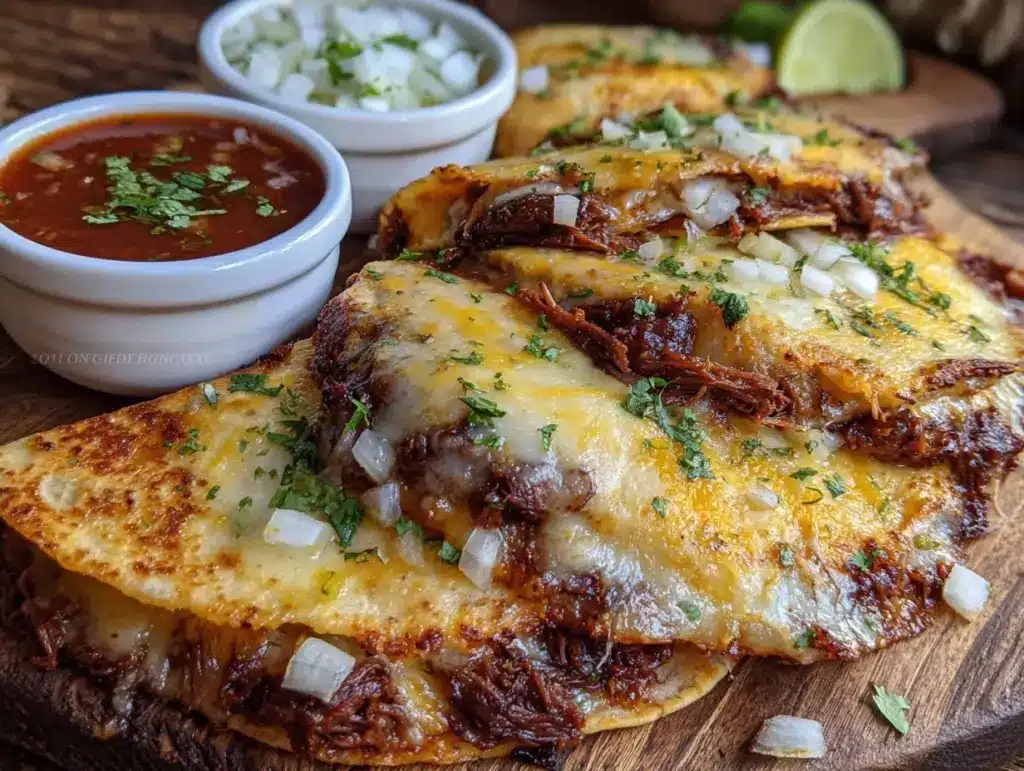 crispy birria ground beef quesadillas - featured image