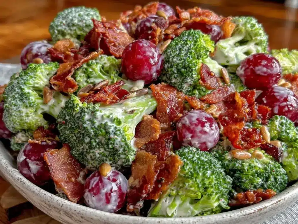 crispy broccoli grape salad with bacon - featured image