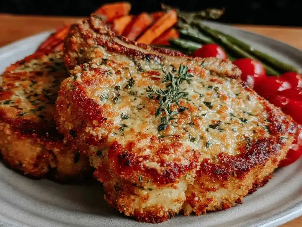 crispy parmesan crusted air fryer pork chops - featured image