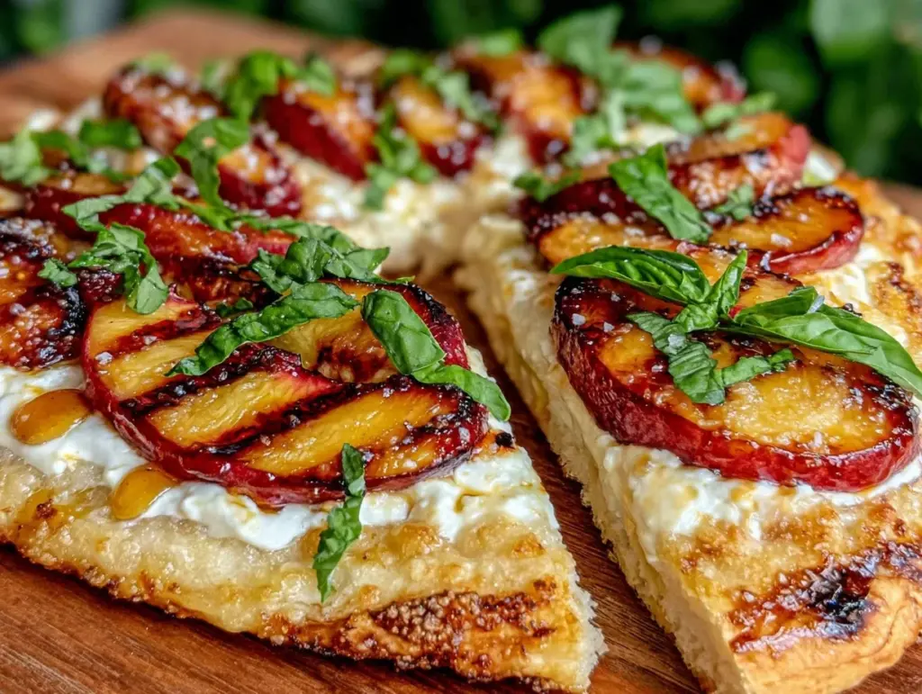 grilled peach and burrata flatbread - featured image