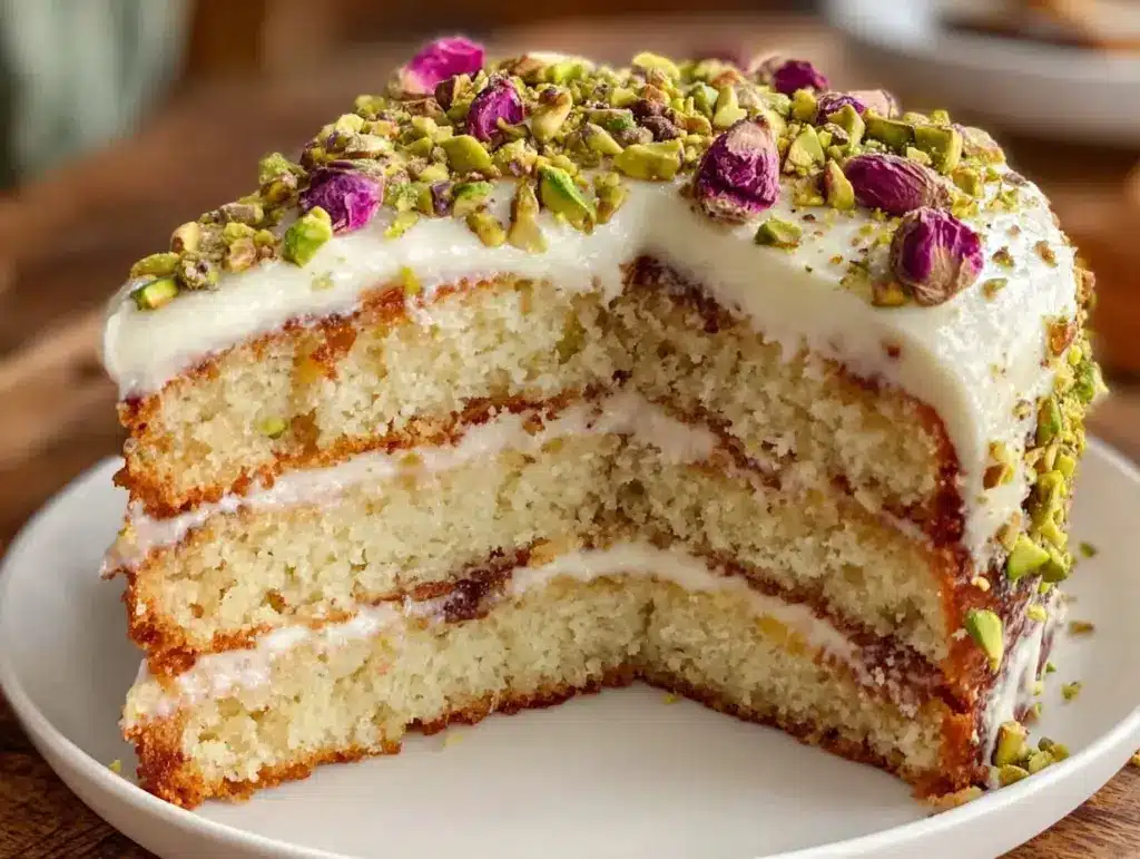 rose water pistachio layer cake - featured image