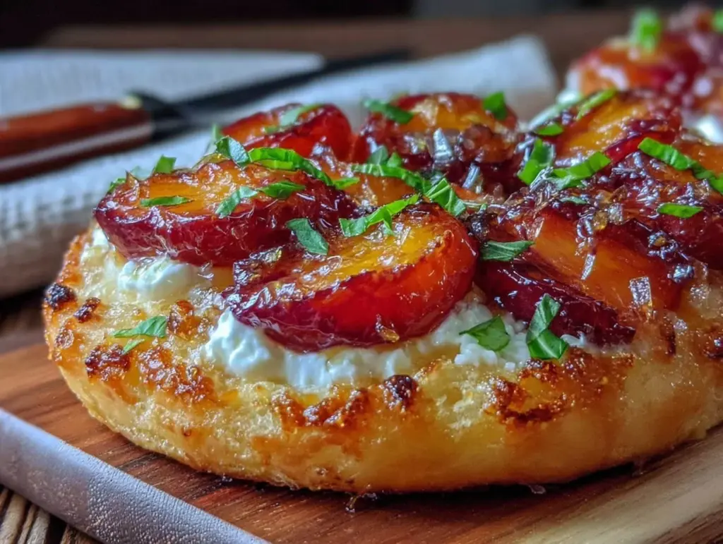caramelized peach and burrata flatbread - featured image