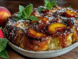 caramelized peach french toast bake - featured image