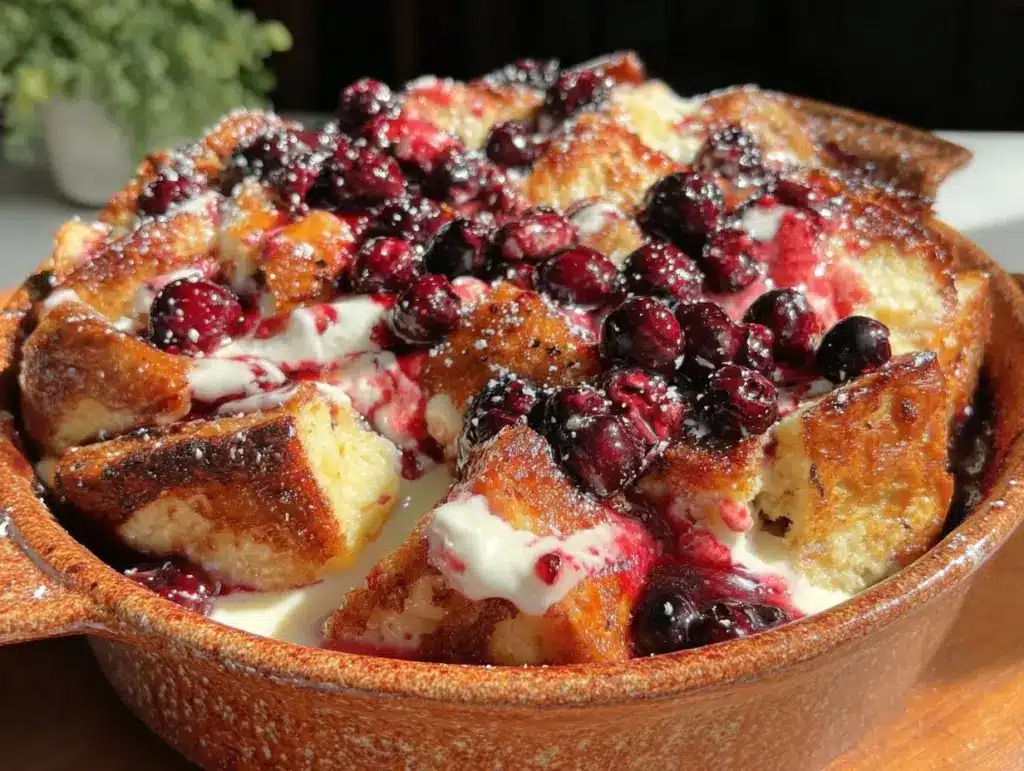 creamy blueberry cream cheese french toast casserole - featured image