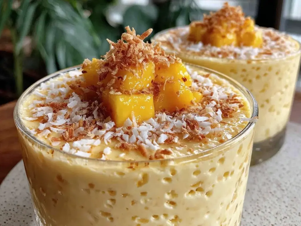 creamy mango coconut panna cotta - featured image