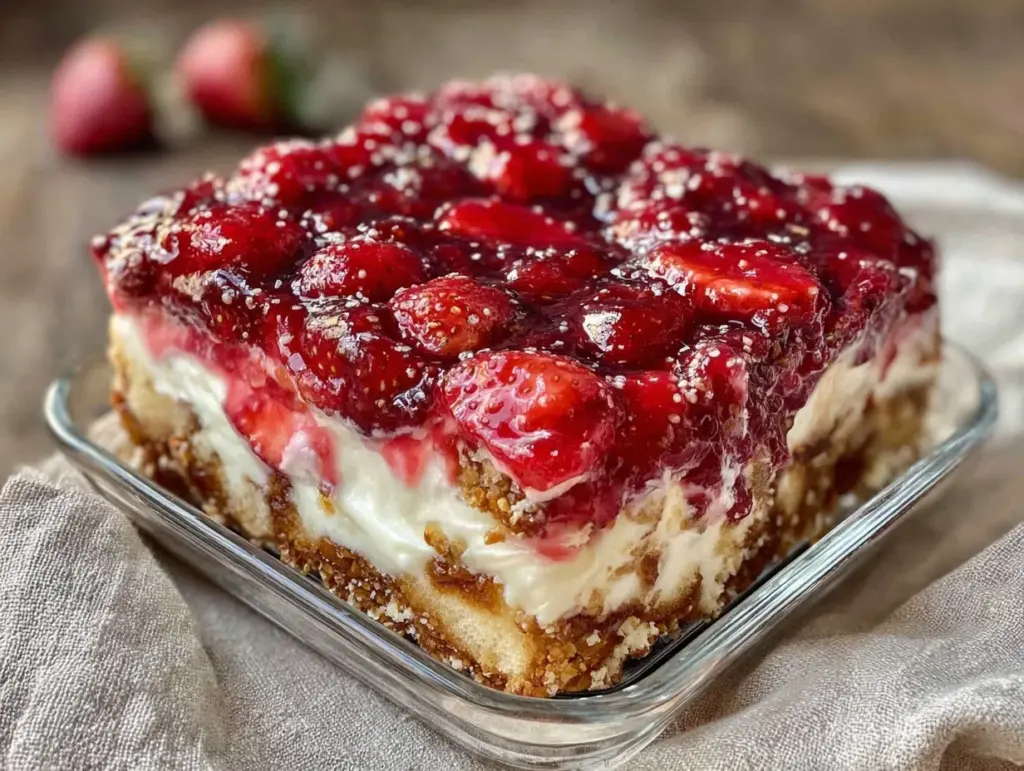 creamy strawberry pretzel salad - featured image