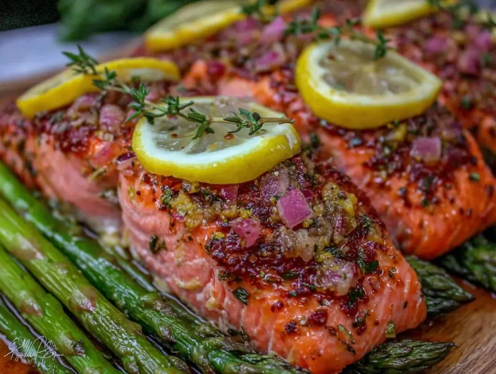 crispy lemon garlic salmon sheet pan dinner - featured image