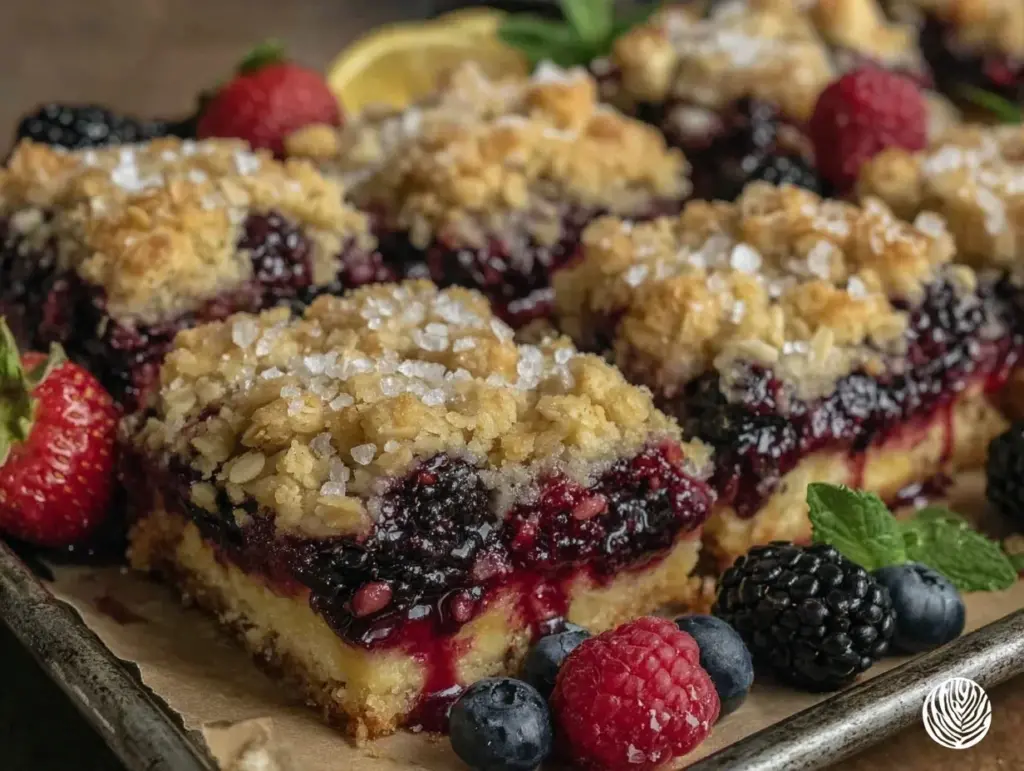crispy triple berry crumble bars - featured image
