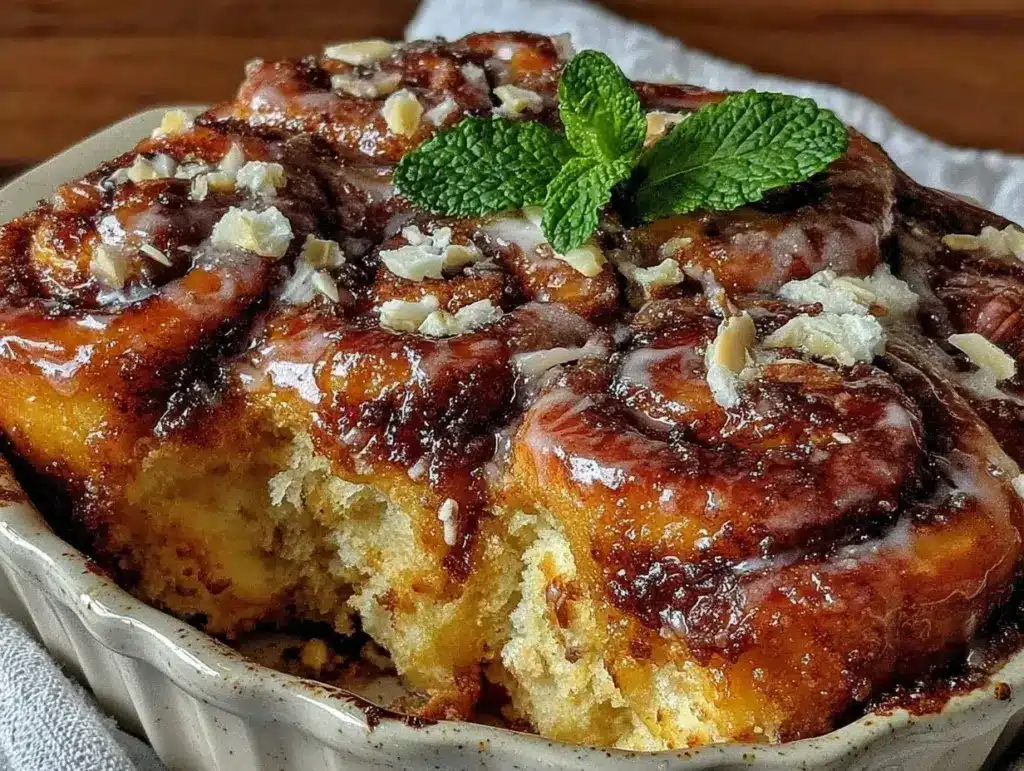 easy overnight cinnamon roll casserole - featured image