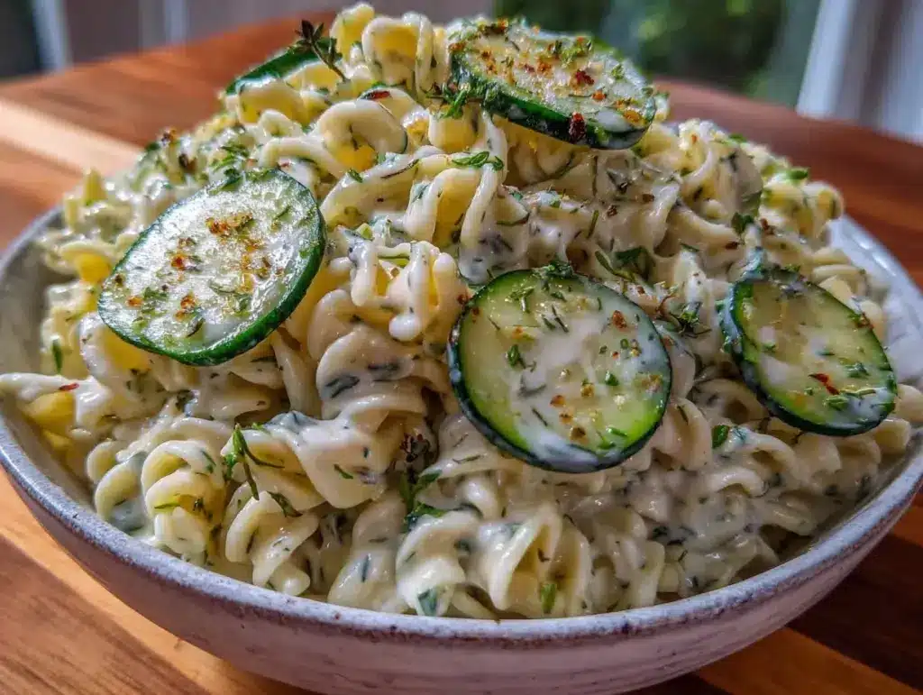 fresh creamy cucumber dill pasta salad without mayo - featured image
